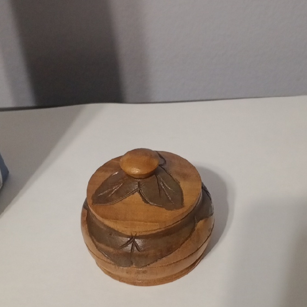 Hand-Carved Wooden Storage Jar - Brown